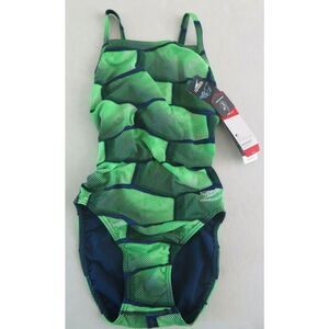 Speedo 7719002 421 Women's Size 28 Blue/Green Shell Shock Flyback 1-Pc Swimwear